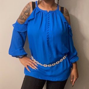 Catherine Women’s Cold Shoulder Blue Half Button Down Shirt